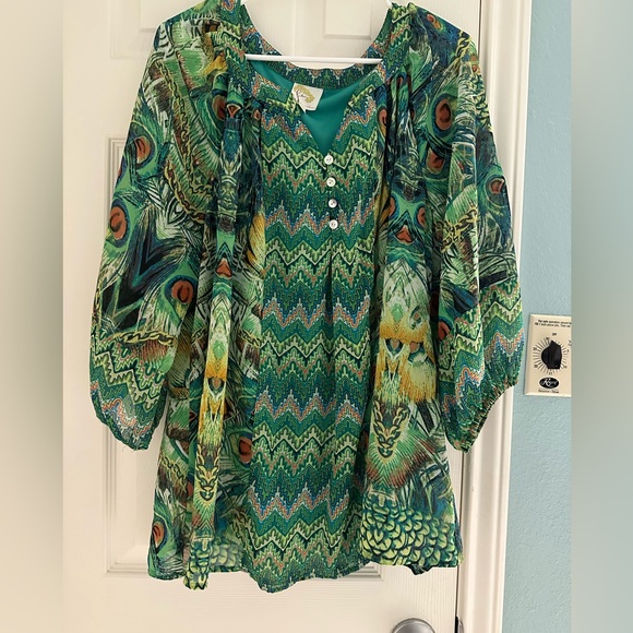 Anthropologie Tops - Fig and Flower Sz 2X Womens Semi Sheer Blouse 3/4 Sleeve Green Peacock Feather